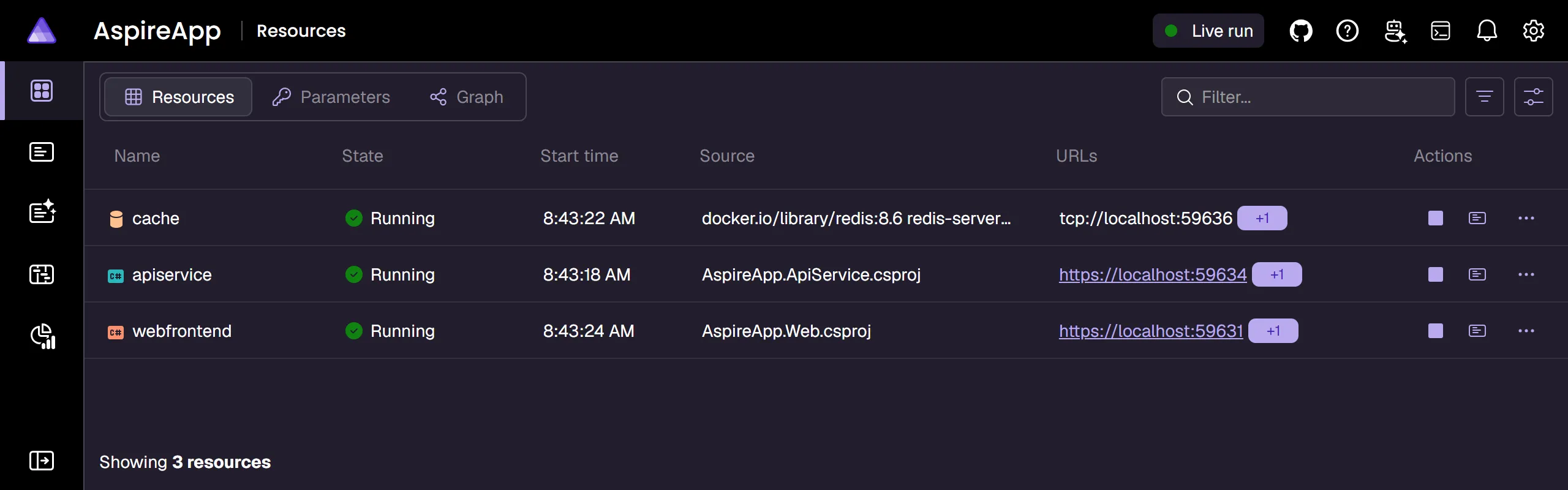 Official Aspire documentation screenshot of the integrated dashboard Resources page in dark theme.