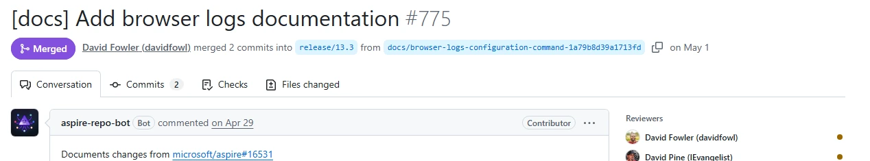 Actual GitHub header for merged docs PR 775: Add browser logs documentation.