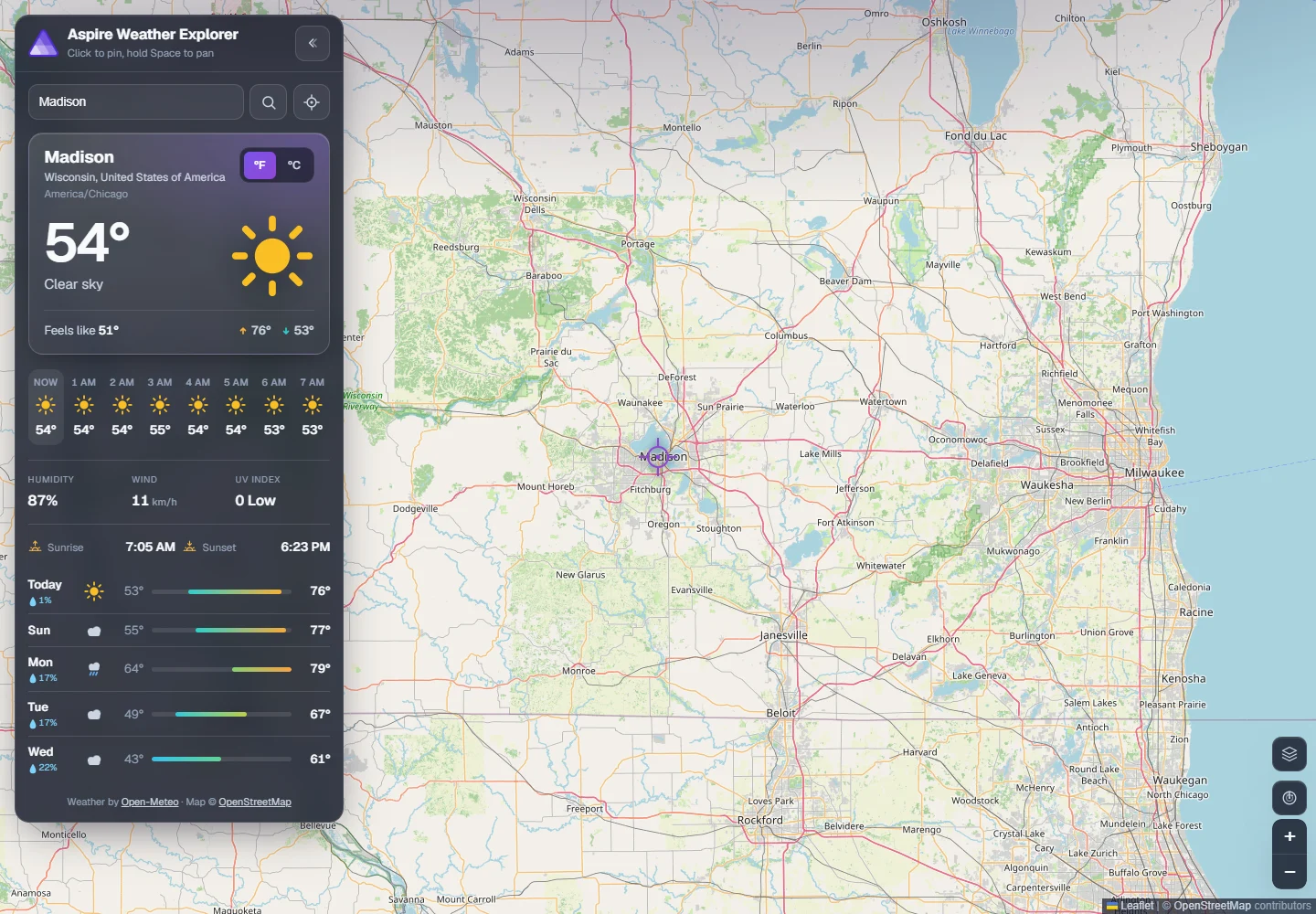 The actual NativeAOT weather app showing Madison, Wisconsin, live weather, five forecast days, and a loaded map with provider attribution in dark mode.
