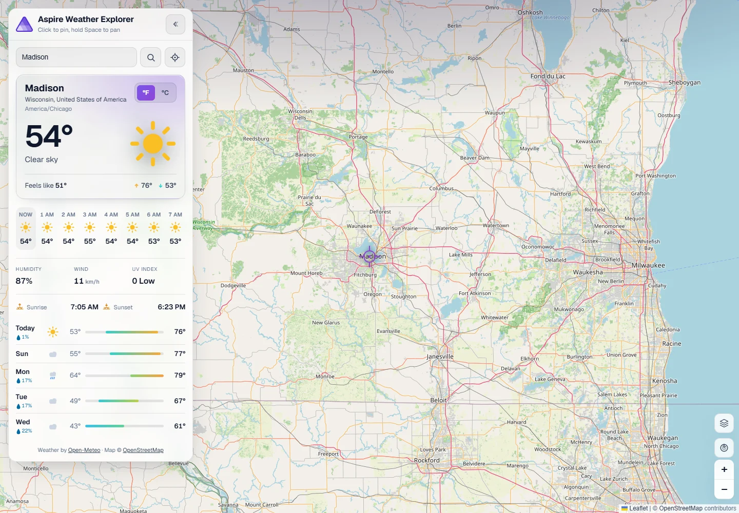 The actual NativeAOT weather app showing Madison, Wisconsin, live weather, five forecast days, and a loaded map with provider attribution in light mode.