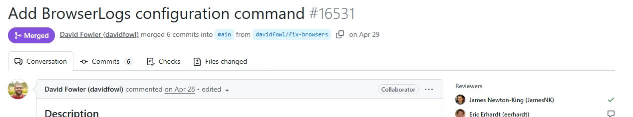 Actual GitHub header for merged microsoft/aspire PR 16531: Add BrowserLogs configuration command.