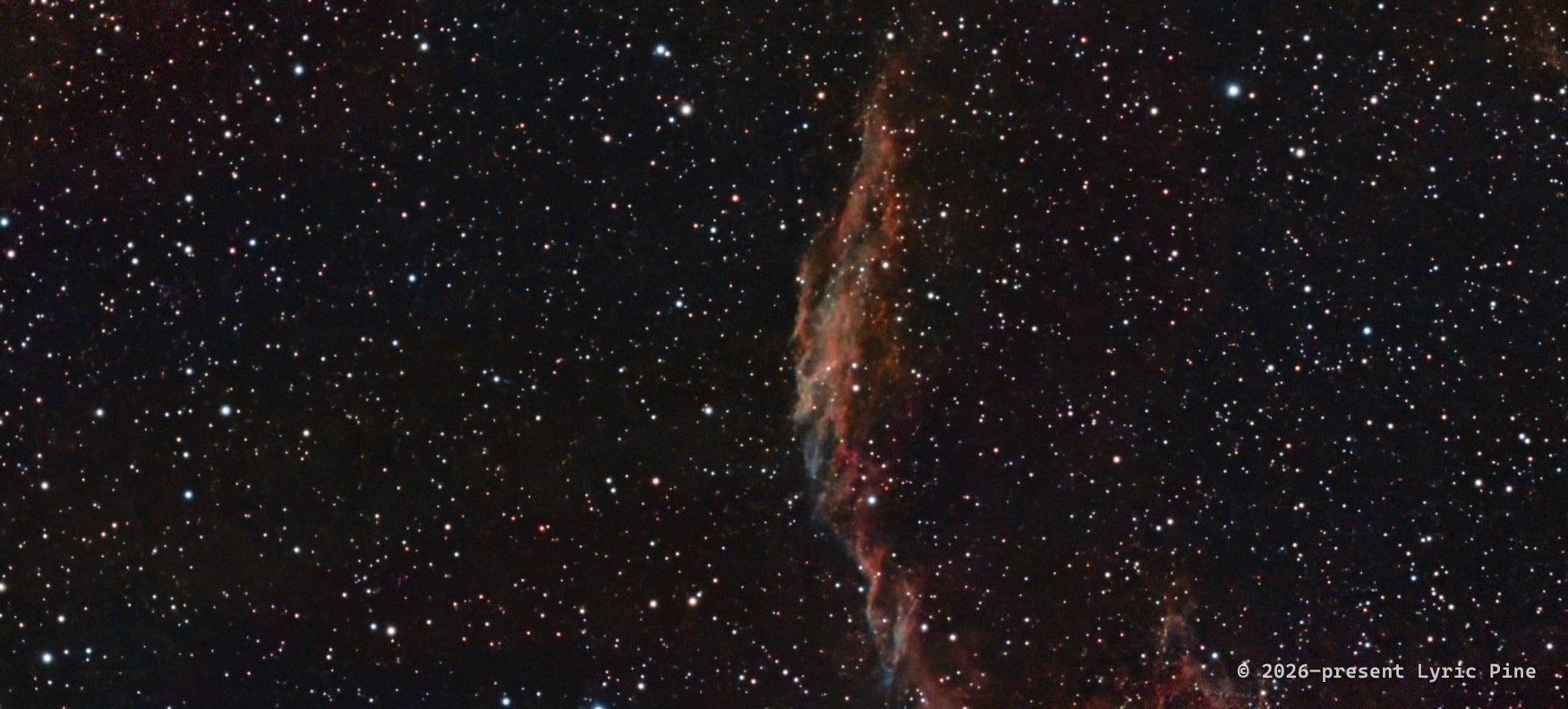 The Veil Nebula in Cygnus: delicate wisps of red and teal gas from an ancient supernova shockwave.
