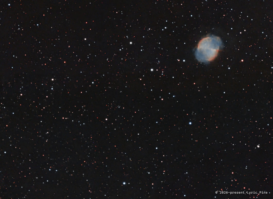 The Dumbbell Nebula (Messier 27): a glowing double-lobed shell of gas cast off by a dying star.
